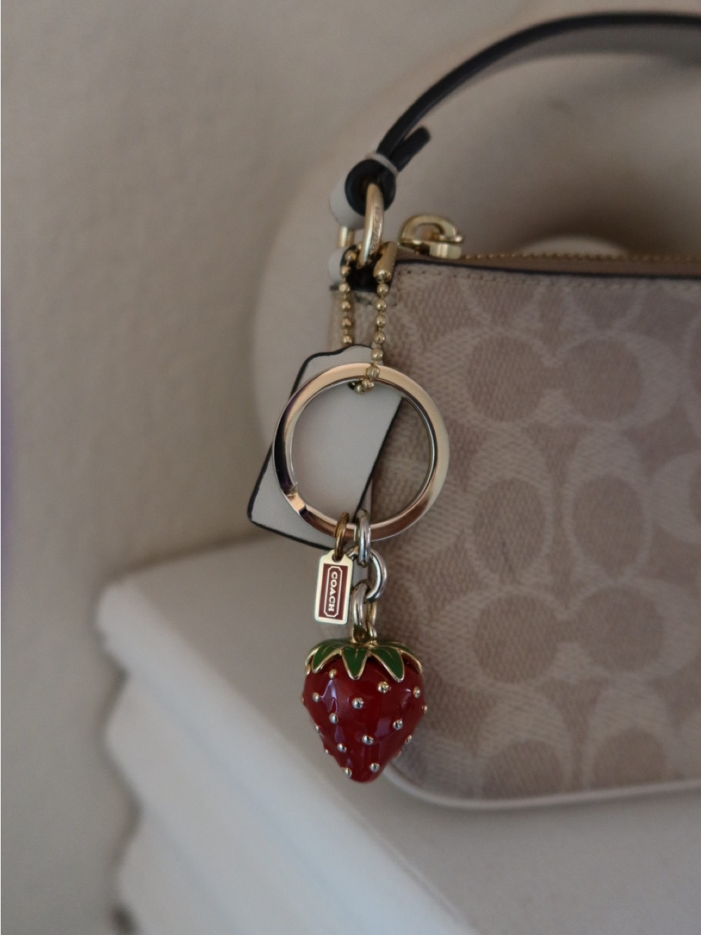 Coach Red & Gold Strawberry Enamel Keychain